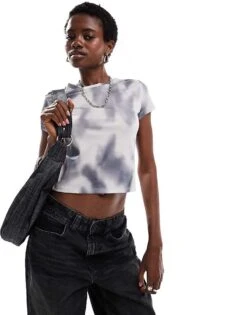 Monki Short Sleeve Shrunken Baby Tee In Grey Tie Dye Print For Women -Monki Shop 206799538 1 greytiedye 1