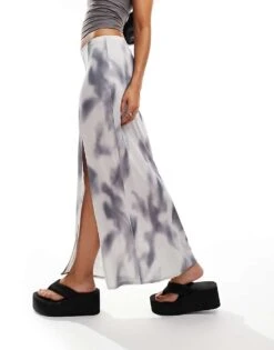 Monki Slim Maxi Skirt In Grey Soft Tie Dye For Women Grey Tie Dye
