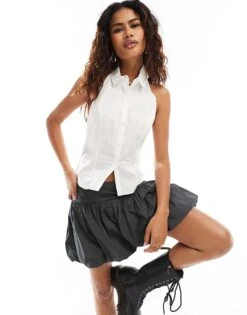 Monki Poplin Button Front Halterneck Sleeveless Shirt In White For Women -Monki Shop 206802639 1 white 1