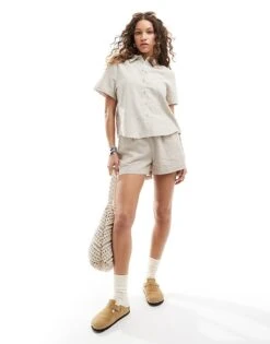Monki Co-ord Drawstring Waist Linen Shirt And Shorts In Beige