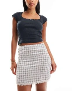 Monki Mini Satin Lace Skirt In Pink Check For Women