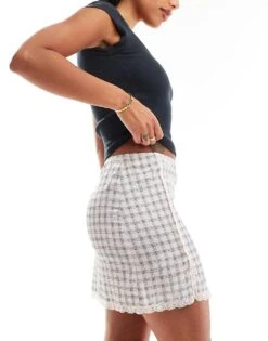 Monki Mini Satin Lace Skirt In Pink Check For Women -Monki Shop 206860067 4