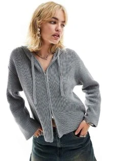Monki Knitted Rib Hoodie Zip Up Cardigan In Grey Melange For Women -Monki Shop 206875630 2
