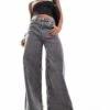 Monki Wide Baggy Denim Trousers In Washed Grey For Women