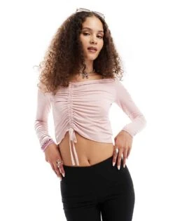 Monki Long Sleeve Cropped Ruched Asymmetric Top In Pink For Women