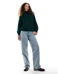 Monki Libby High Neck Knitted Rib Jumper In Forest Green For Women -Monki Shop 206875742 3