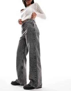 Monki Naoki Loose Fit Low Rise Jeans In Black Acid Wash For Women