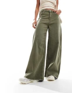 Monki Wide Baggy Denim Trousers In Washed Khaki For Women -Monki Shop 206875810 1 washedkhaki 1
