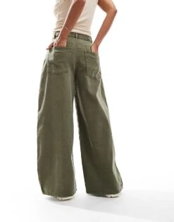 Monki Wide Baggy Denim Trousers In Washed Khaki For Women -Monki Shop 206875810 3