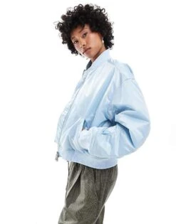 Monki High Shine Bomber Jacket With Front Welt Pockets In Blue For Women