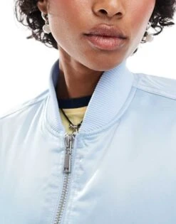 Monki High Shine Bomber Jacket With Front Welt Pockets In Blue For Women -Monki Shop 206875817 3