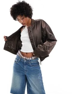 Monki Satin Bomber Jacket With Front Welt Pockets In Dark Brown For Women