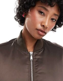 Monki Satin Bomber Jacket With Front Welt Pockets In Dark Brown For Women -Monki Shop 206875818 3
