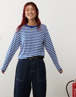 Monki Long Sleeve Top In Blue And White Stripes For Women -Monki Shop 206875901 1 blueandwhite 1
