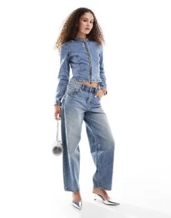 Monki Fitted Zip Front Denim Jacket In Mid Blue For Women Midwash Blue -Monki Shop 206875902 3