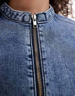 Monki Fitted Zip Front Denim Jacket In Mid Blue For Women Midwash Blue -Monki Shop 206875902 4