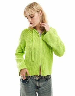 Monki Knitted Rib Hoodie Zip Up Cardigan In Lime Green For Women