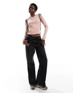 Monki Jersey Rib Long Sleeve Top With Pink And Grey Spray Effect For Women Pink Grey Spray