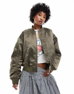 Monki Satin Bomber Jacket With Front Welt Pockets In Khaki Green With Pink Lining For Women -Monki Shop 206875961 1 khakigreen 1