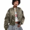 Monki Satin Bomber Jacket With Front Welt Pockets In Khaki Green With Pink Lining For Women