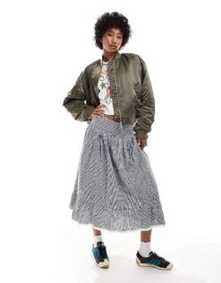 Monki Satin Bomber Jacket With Front Welt Pockets In Khaki Green With Pink Lining For Women -Monki Shop 206875961 4