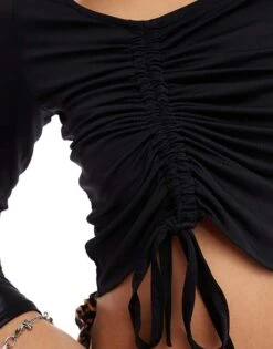 Monki Long Sleeve Cropped Ruched Asymmetric Top In Black For Women -Monki Shop 206875964 3