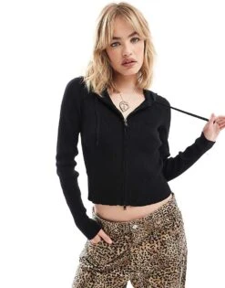 Monki Knitted Hoodie Zip Up Cardigan In Black For Women -Monki Shop 206875982 1 black 1