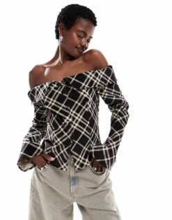 Monki Cord Off Shoulder Shirt With Button Front In Brown Check For Women -Monki Shop 206876046 1 browncheck 1