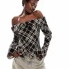 Monki Cord Off Shoulder Shirt With Button Front In Brown Check For Women