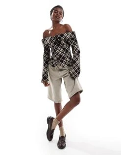 Monki Cord Off Shoulder Shirt With Button Front In Brown Check For Women -Monki Shop 206876046 3