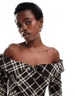 Monki Cord Off Shoulder Shirt With Button Front In Brown Check For Women -Monki Shop 206876046 4