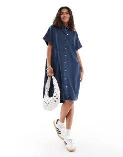 Monki Denim Mini Shirt Dress In Midwash Blue For Women -Monki Shop 206876074 4
