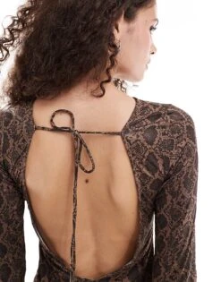 Monki Long Sleeve Mini Dress With Open Back In Brown Snake Print For Women -Monki Shop 206876106 2