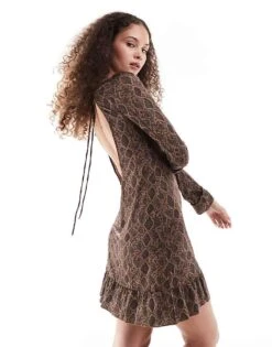 Monki Long Sleeve Mini Dress With Open Back In Brown Snake Print For Women -Monki Shop 206876106 4