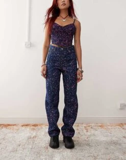 Monki Co-ord Aimo Corset And Mid Waist Straight Leg Jeans In Splatter Printed Indigo -Monki Shop 206876119 1 splatterindigo 1