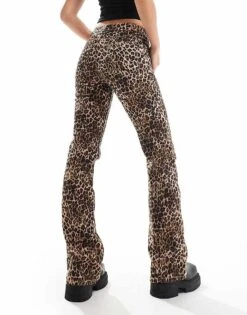 Monki Regular Fit Flare Cotton Trousers In Brown Leopard Print For Women -Monki Shop 206876161 3