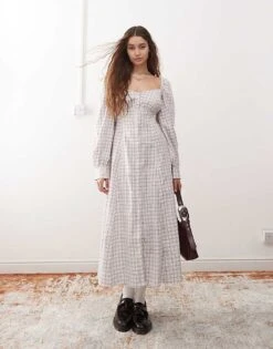 Monki Long Sleeve Full Length Square Neck Dress In Pink Check For Women