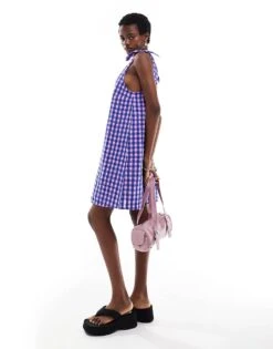 Monki Seersucker Bow Tie Strap Mini Dress In Pink And Blue Gingham For Women Pink & Blue Gingham -Monki Shop 206907886 1 pinkbluegingham 1