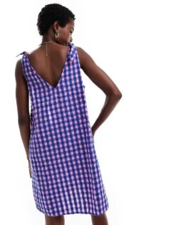 Monki Seersucker Bow Tie Strap Mini Dress In Pink And Blue Gingham For Women Pink & Blue Gingham -Monki Shop 206907886 4