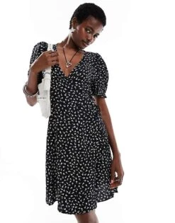 Monki Puff Short Sleeve Mini Wrap Dress In Black And White Floral For Women Black & White Floral -Monki Shop 206907937 2