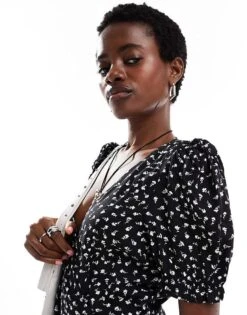 Monki Puff Short Sleeve Mini Wrap Dress In Black And White Floral For Women Black & White Floral -Monki Shop 206907937 3