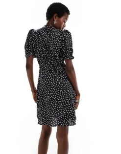 Monki Puff Short Sleeve Mini Wrap Dress In Black And White Floral For Women Black & White Floral -Monki Shop 206907937 4