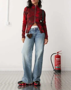 Monki Imoo Low Waisted Wide Fit Jeans In Mid Blue For Women Midwash Blue