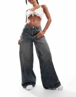 Monki Giga Low Waisted Baggy Wide Fit Jeans In Washed Blue For Women Blue Wash