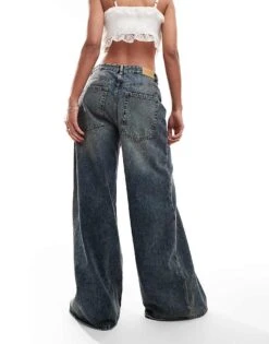 Monki Giga Low Waisted Baggy Wide Fit Jeans In Washed Blue For Women Blue Wash -Monki Shop 206978204 3