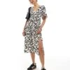 Monki Short Sleeve Midi Sun Dress With Side Split In Mono Abstract Print Exclusive To ASOS For Women