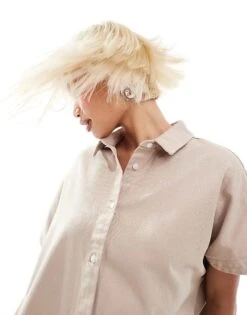 Monki Denim Midi Shirt Dress In Beige For Women -Monki Shop 207022337 2