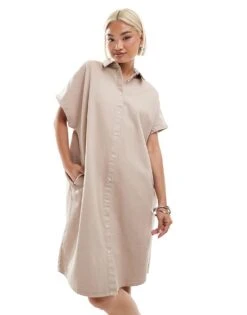 Monki Denim Midi Shirt Dress In Beige For Women -Monki Shop 207022337 3