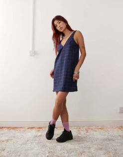 Monki Pinafore Mini Dress In Navy Check Pinstripe For Women -Monki Shop 207022338 1 navycheck 1