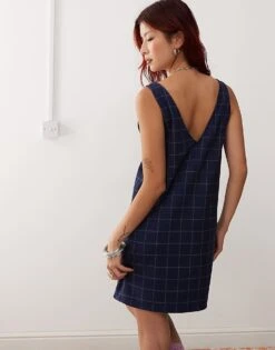 Monki Pinafore Mini Dress In Navy Check Pinstripe For Women -Monki Shop 207022338 2